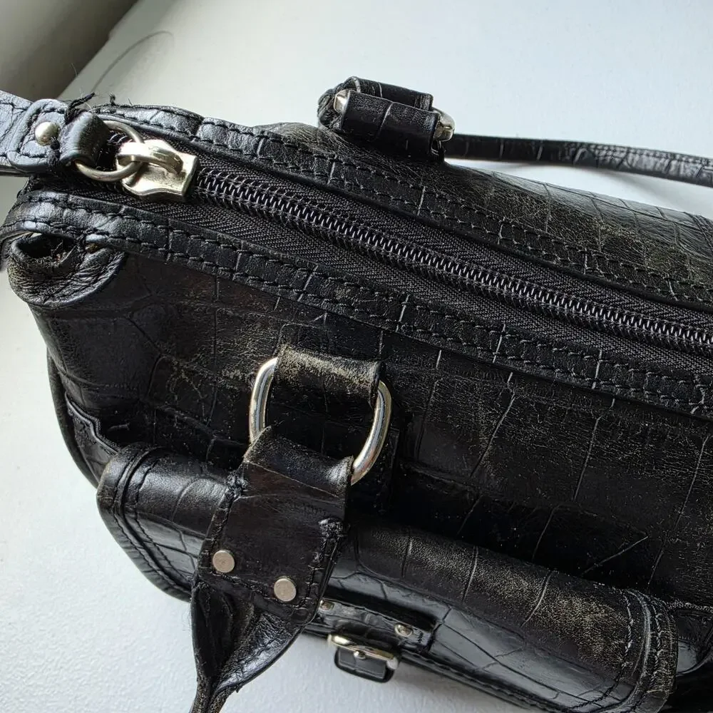 Fossil Shoulder Bag Womens Small Black Croc Embossed Leather Zip Purse Handbag
